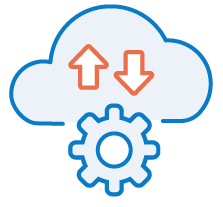 Cloud with up and down arrow and cogwheel icon