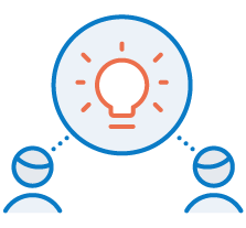 two avatars with a linked light bulb in a circle icon